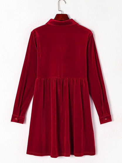 Crimson Long Sleeve Crinkle Velvet Shirt Dress with Ruffle Detail