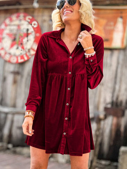 Crimson Long Sleeve Crinkle Velvet Shirt Dress with Ruffle Detail