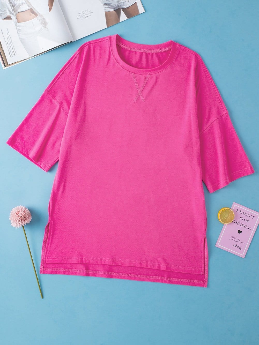 Crimson Red Extended Length Short Sleeve Slit Detail Drop Shoulder Blouse