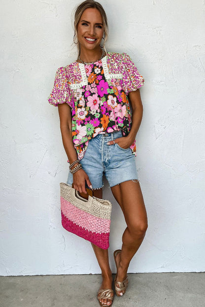 Crimson Rose Bubble Sleeve Floral Lace Trimmed Blouse