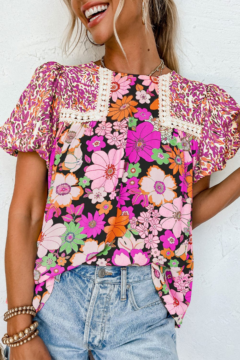 Crimson Rose Bubble Sleeve Floral Lace Trimmed Blouse