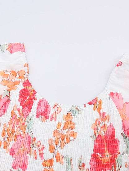 Crimson Smocked Floral Tiered Mini Dress