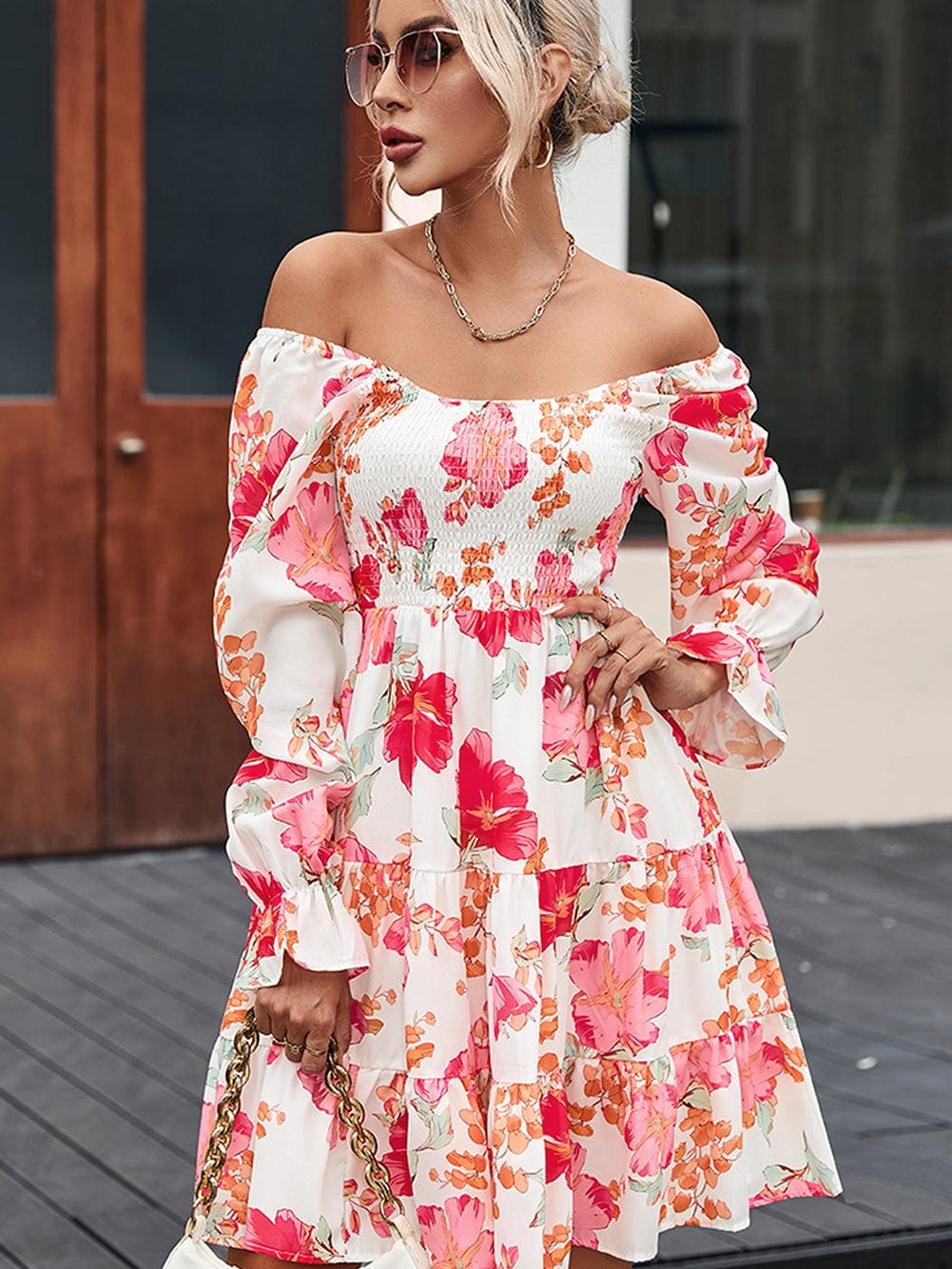 Crimson Smocked Floral Tiered Mini Dress