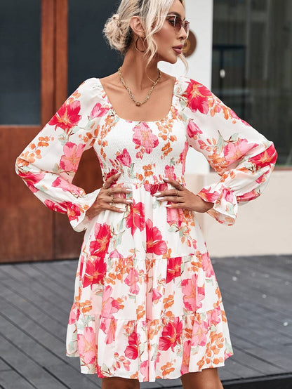 Crimson Smocked Floral Tiered Mini Dress