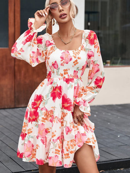 Crimson Smocked Floral Tiered Mini Dress