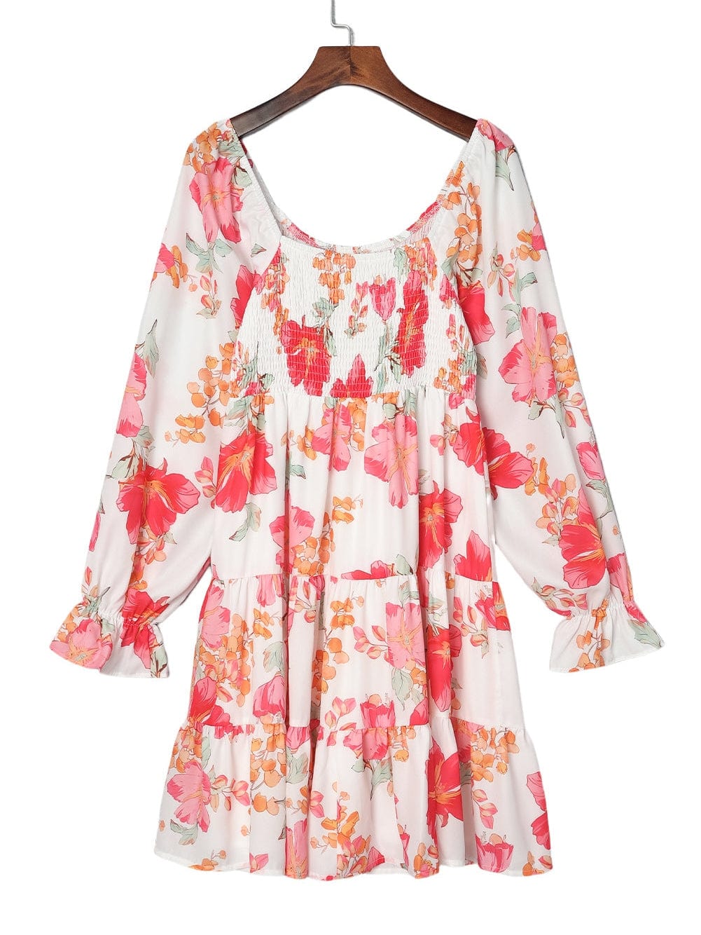 Crimson Smocked Floral Tiered Mini Dress