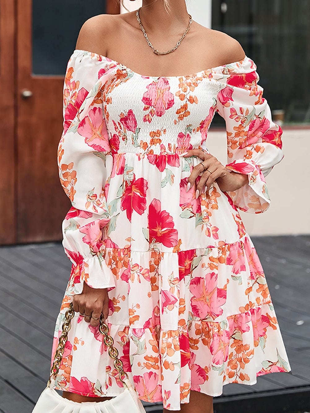 Crimson Smocked Floral Tiered Mini Dress