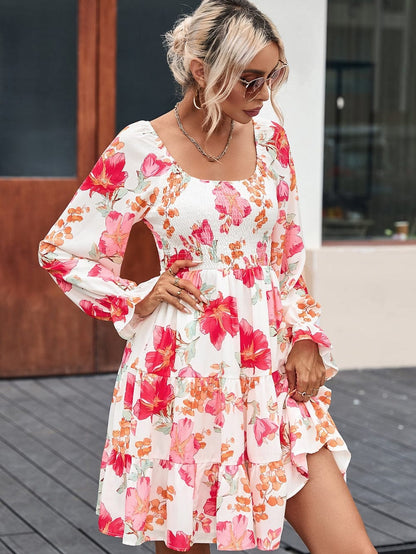 Crimson Smocked Floral Tiered Mini Dress
