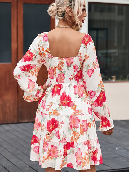 Crimson Smocked Floral Tiered Mini Dress