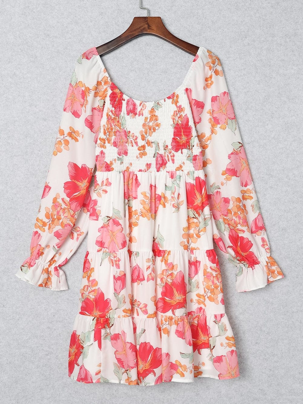 Crimson Smocked Floral Tiered Mini Dress