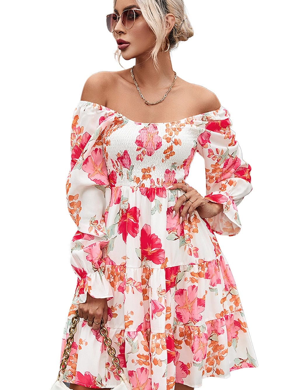 Crimson Smocked Floral Tiered Mini Dress