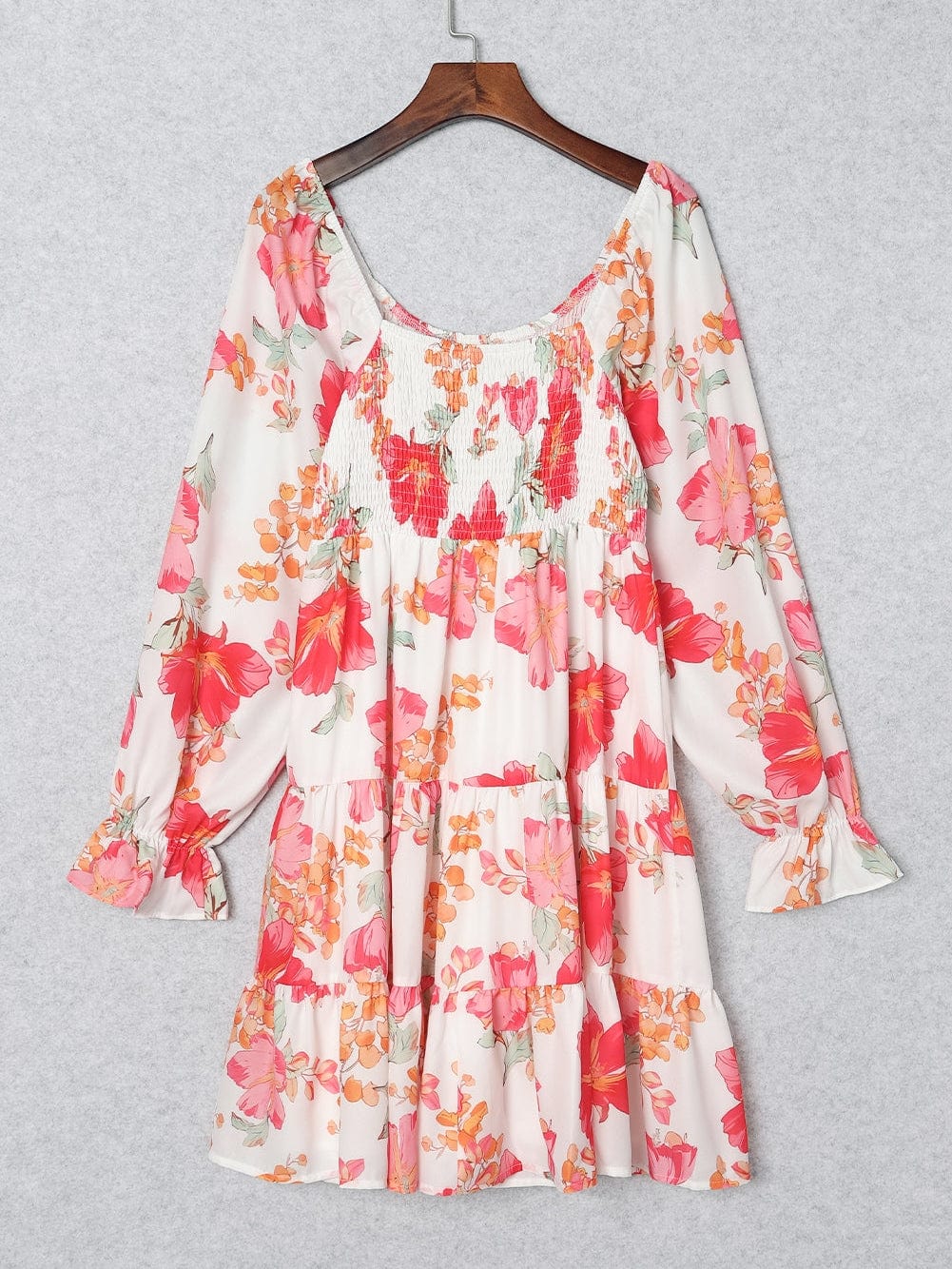 Crimson Smocked Floral Tiered Mini Dress