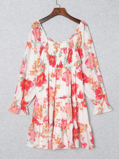 Crimson Smocked Floral Tiered Mini Dress