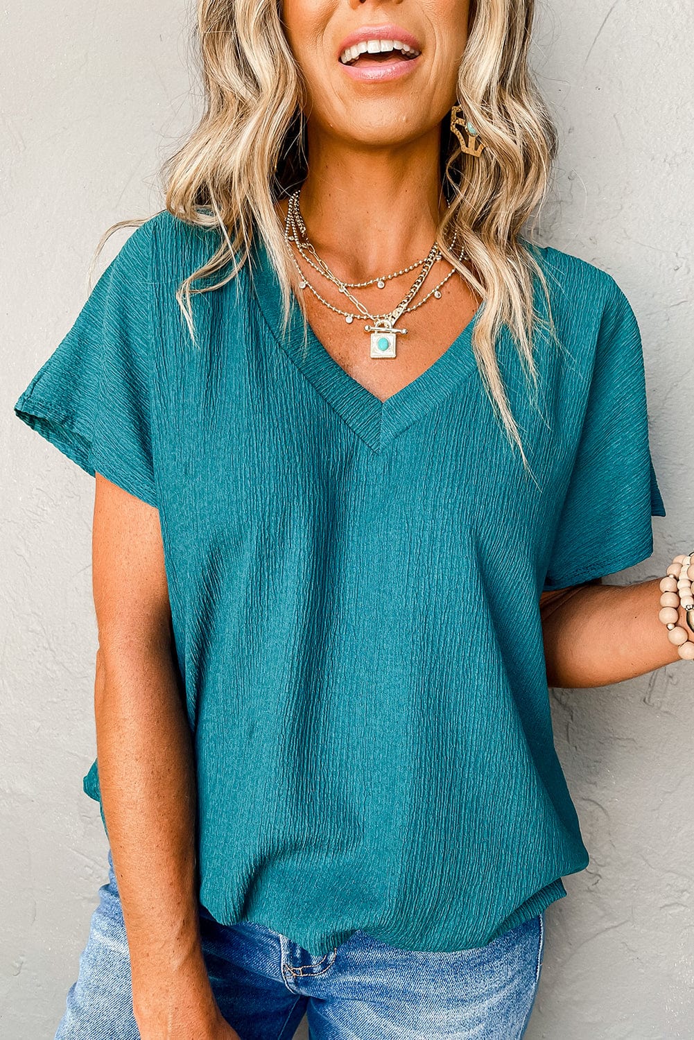 Crinkled Blue Sapphire V Neck Tee with Wide Sleeves
