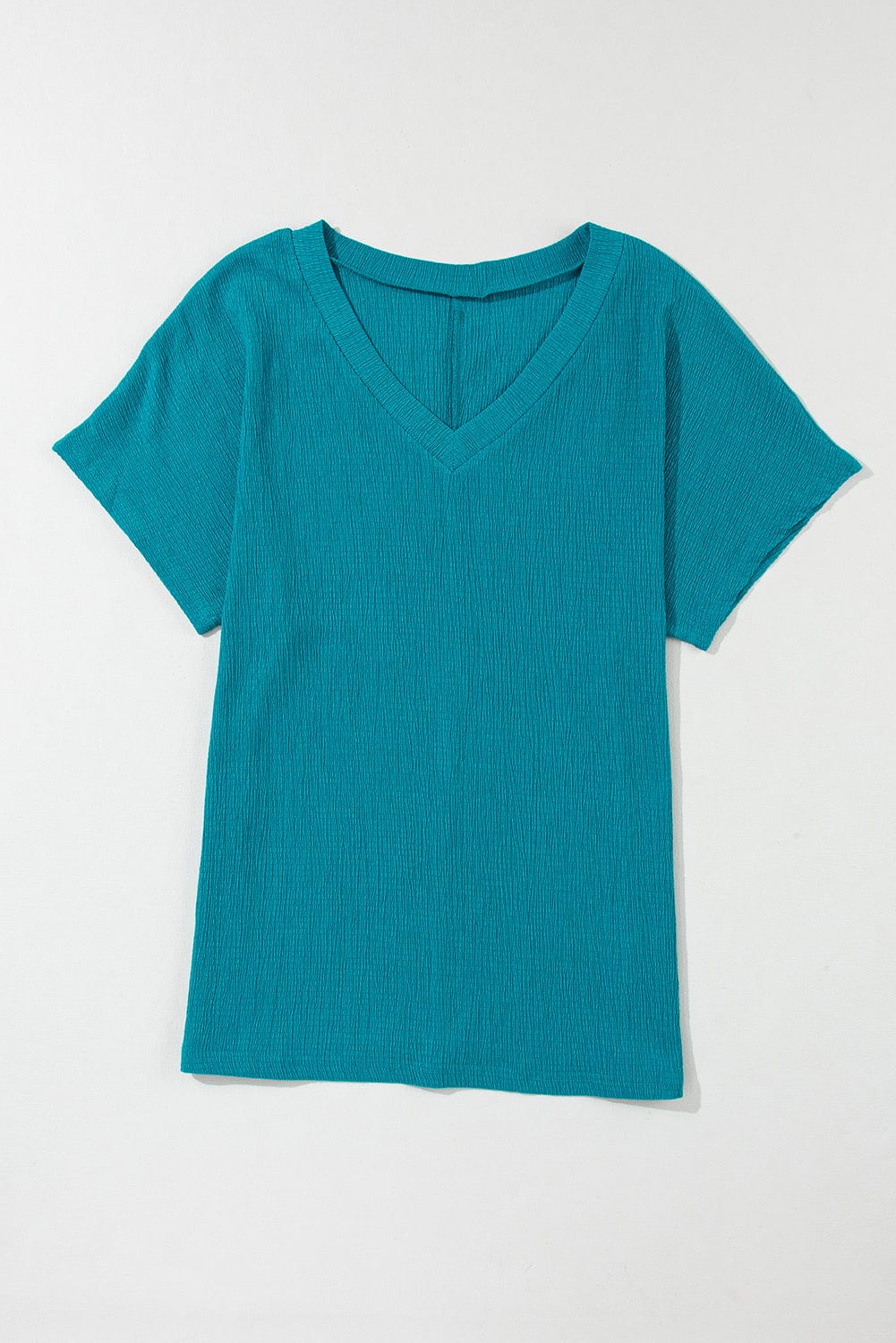 Crinkled Blue Sapphire V Neck Tee with Wide Sleeves