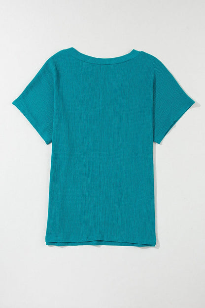 Crinkled Blue Sapphire V Neck Tee with Wide Sleeves