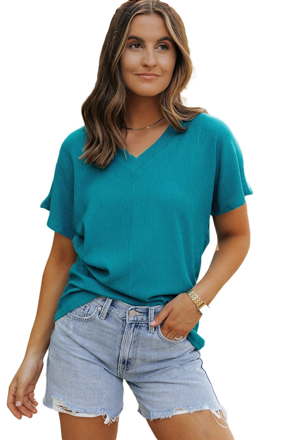 Crinkled Blue Sapphire V Neck Tee with Wide Sleeves