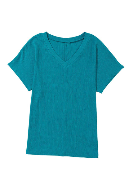 Crinkled Blue Sapphire V Neck Tee with Wide Sleeves