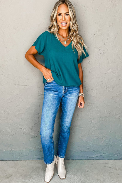 Crinkled Blue Sapphire V Neck Tee with Wide Sleeves
