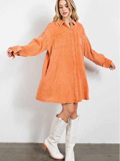 Crinkled Orange Oversized Shirt Dress with Dual Pockets