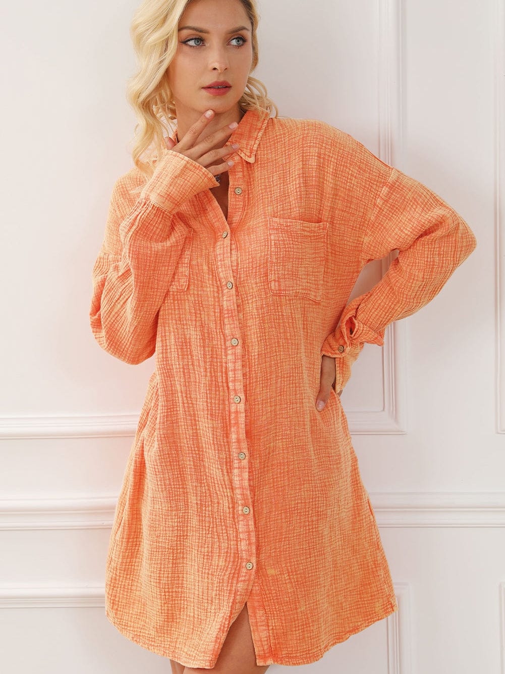 Crinkled Orange Oversized Shirt Dress with Dual Pockets
