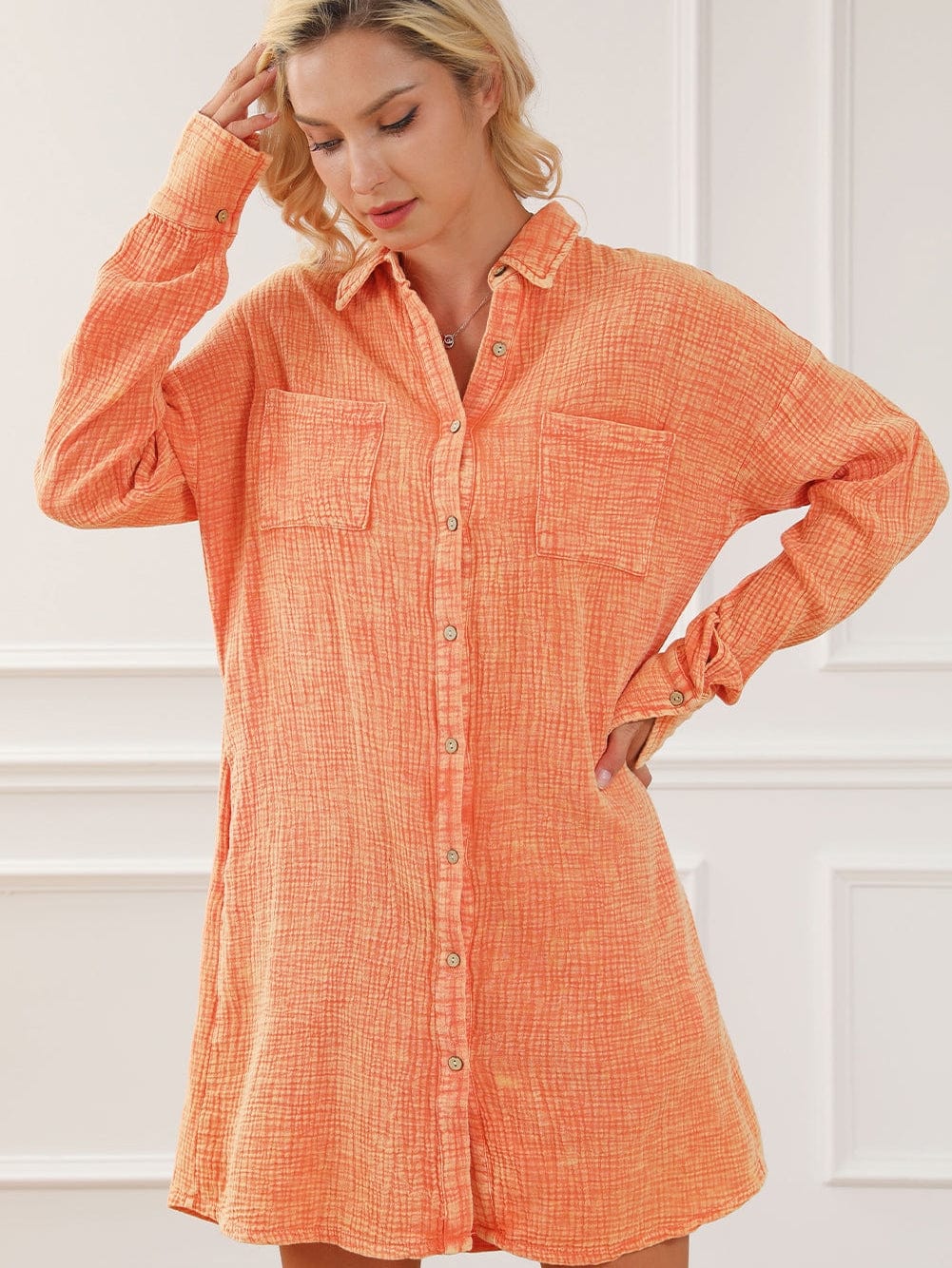 Crinkled Orange Oversized Shirt Dress with Dual Pockets