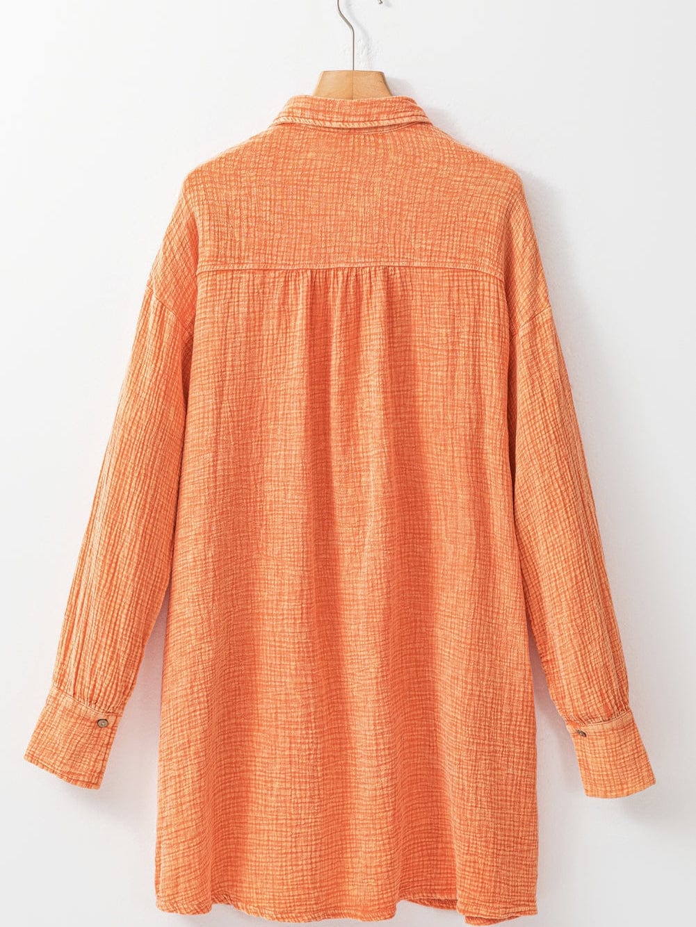 Crinkled Orange Oversized Shirt Dress with Dual Pockets