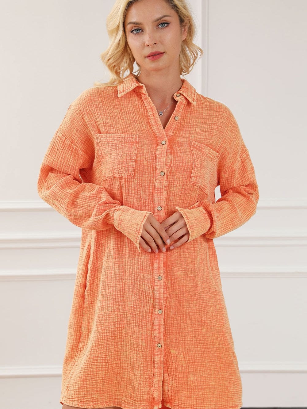Crinkled Orange Oversized Shirt Dress with Dual Pockets