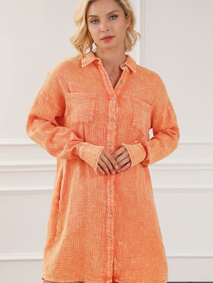 Crinkled Orange Oversized Shirt Dress with Dual Pockets