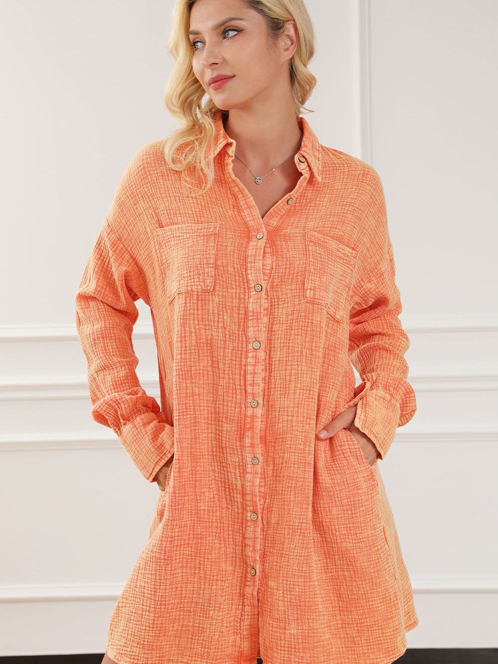 Crinkled Orange Oversized Shirt Dress with Dual Pockets