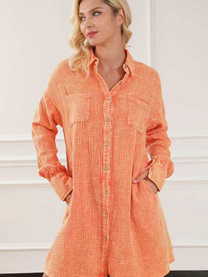 Crinkled Orange Oversized Shirt Dress with Dual Pockets