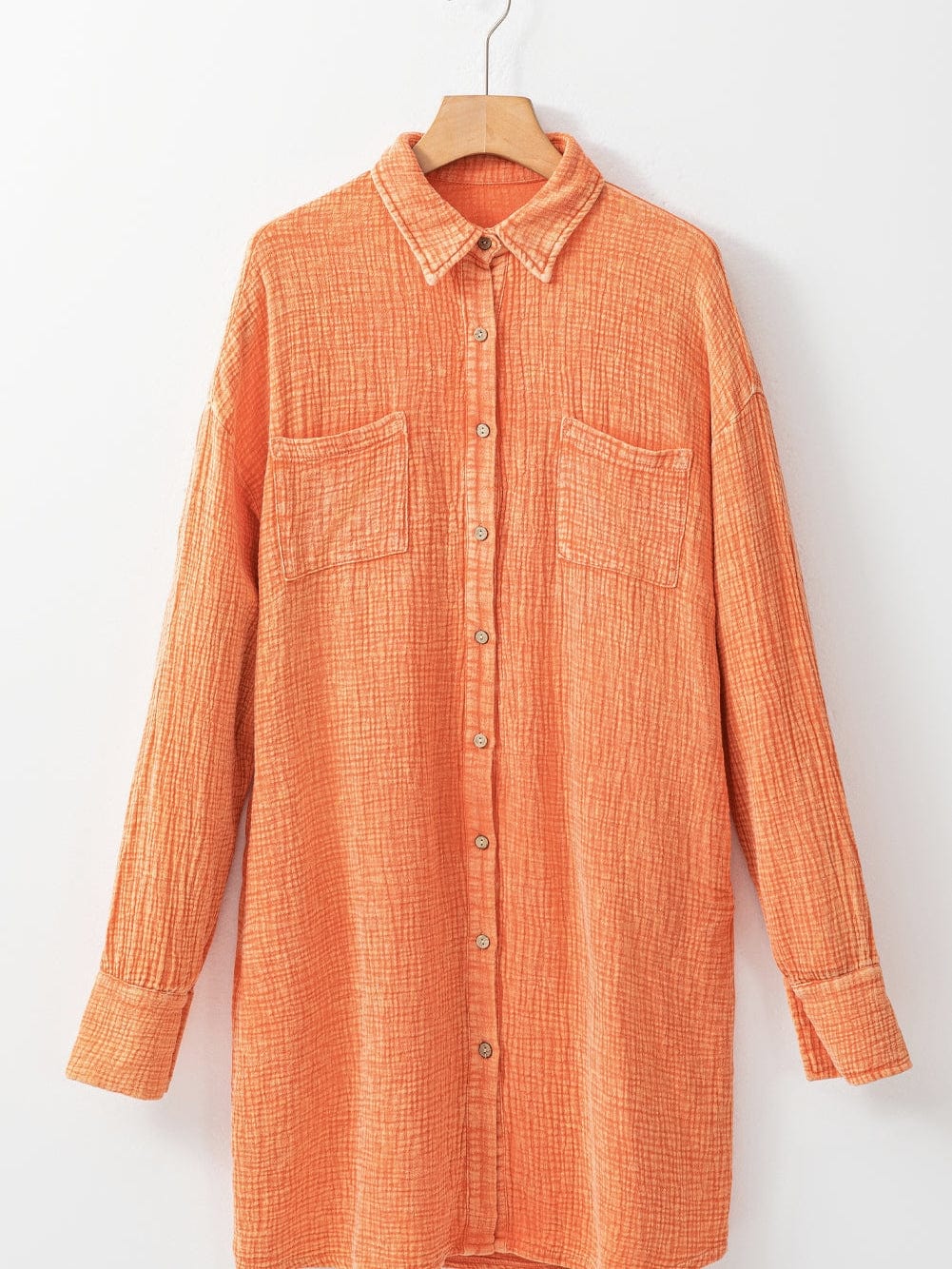 Crinkled Orange Oversized Shirt Dress with Dual Pockets