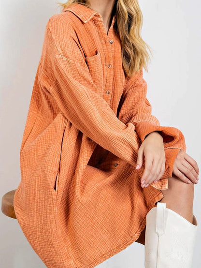 Crinkled Orange Oversized Shirt Dress with Dual Pockets