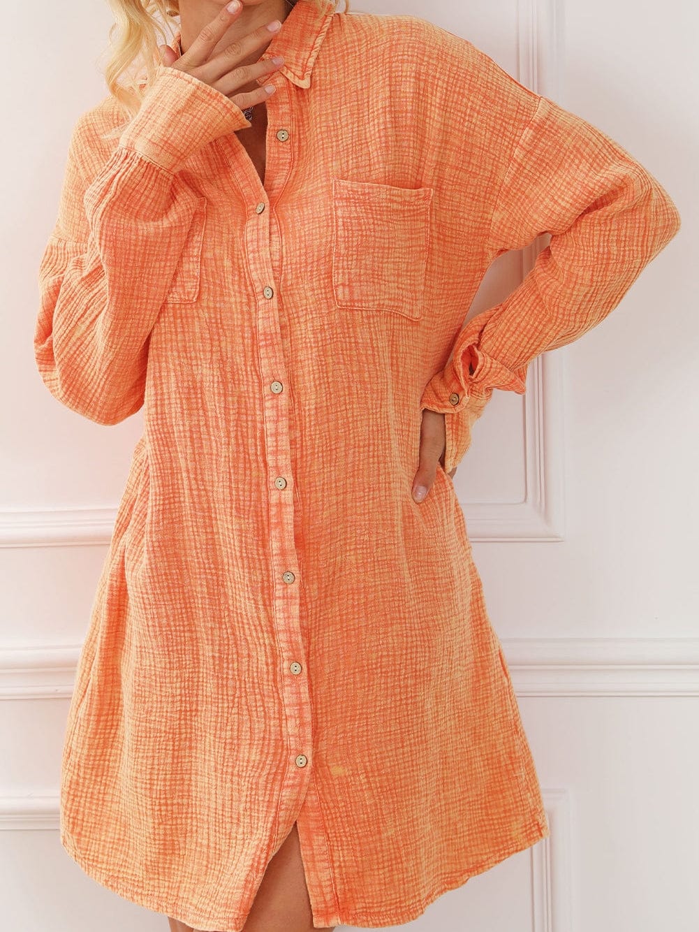 Crinkled Orange Oversized Shirt Dress with Dual Pockets