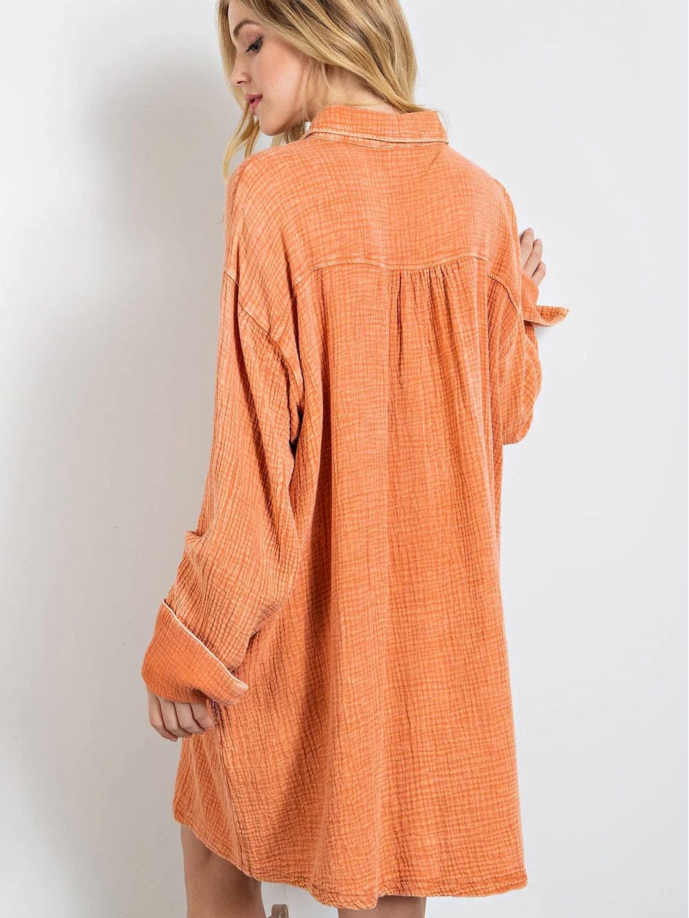Crinkled Orange Oversized Shirt Dress with Dual Pockets