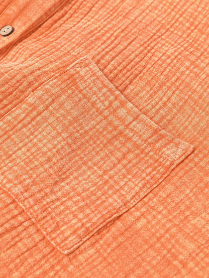 Crinkled Orange Oversized Shirt Dress with Dual Pockets