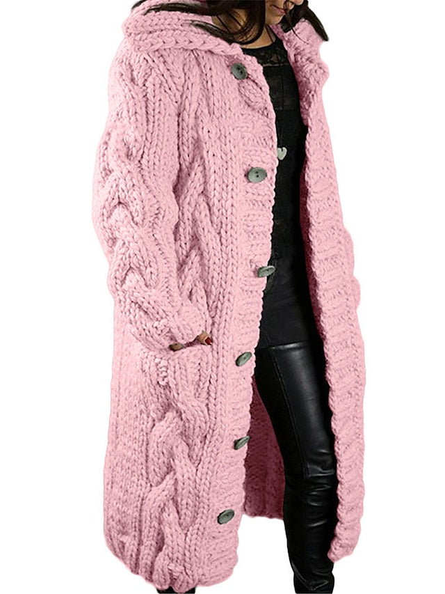 Women's Cardigan Sweater Hooded Cable Knit Acrylic Button Pocket Fall Winter Long Outdoor Going out Weekend Stylish Casual Soft Long Sleeve Pure Color Red Brown Black Light Green S M L