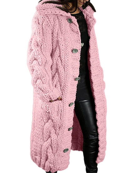 Women's Cardigan Sweater Hooded Cable Knit Acrylic Button Pocket Fall Winter Long Outdoor Going out Weekend Stylish Casual Soft Long Sleeve Pure Color Red Brown Black Light Green S M L