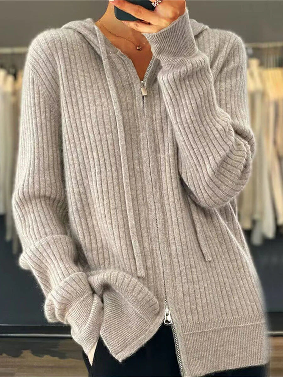 Women's Cardigan Sweater Hooded Ribbed Knit Knit Zipper Fall Winter Regular Outdoor Daily Going out Stylish Casual Soft Long Sleeve Solid Color Black Camel Beige One-Size