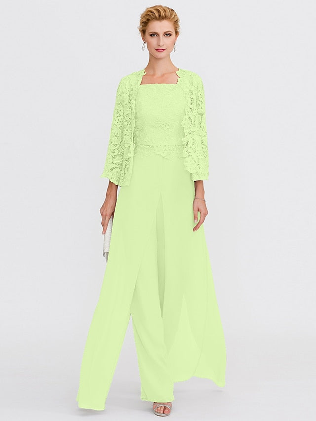 Jumpsuit / Pantsuit Mother of the Bride Dress Formal Plus Size Elegant Square Neck Floor Length Chiffon Corded Lace Sleeveless Wrap Included with Lace Appliques 2023 - LuckyFash™