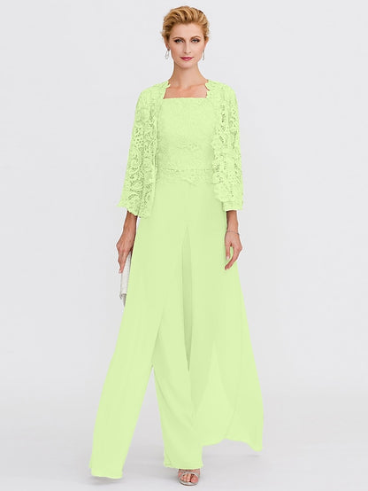 Jumpsuit / Pantsuit Mother of the Bride Dress Formal Plus Size Elegant Square Neck Floor Length Chiffon Corded Lace Sleeveless Wrap Included with Lace Appliques 2023 - LuckyFash™