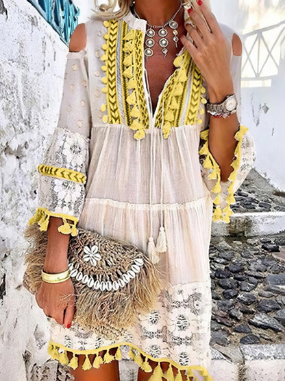 Mini Dresses - Cute Tassel Off Shoulder Deep V-neck Dress - MsDressly