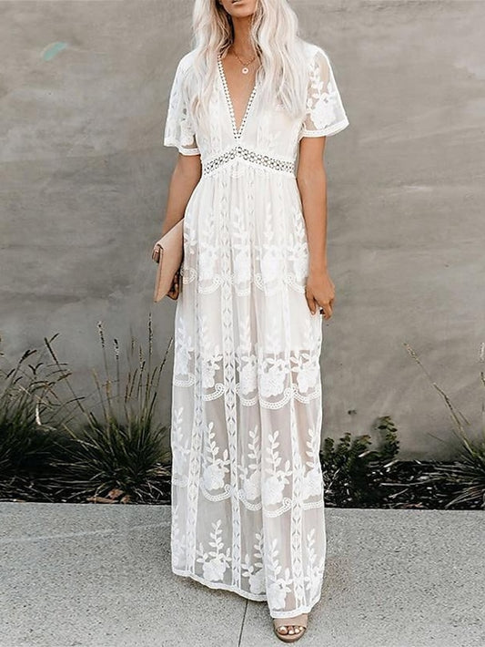 Women's Dress - Party Dress Lace Dress Sheath Dress Long Dress Maxi Dress White Short Sleeve Pure Color Fall Spring Summer Deep V S M L XL XXL