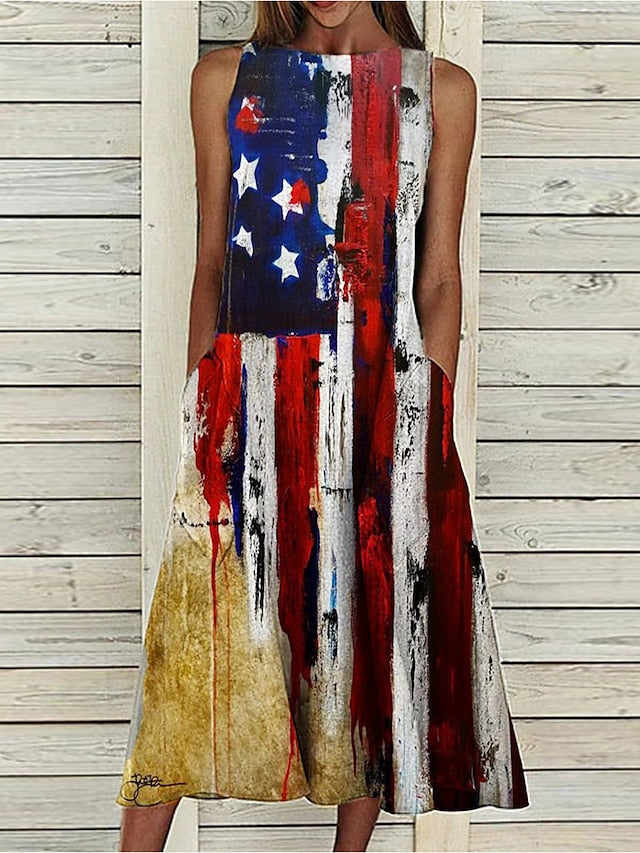 Women's Dress - A Line Dress Midi Dress Sleeveless Floral Pocket Cold Shoulder Print Spring Summer Round Neck Casual Vintage Going out 2023 S M L XL XXL Cotton