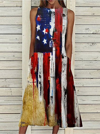 Women's Dress - A Line Dress Midi Dress Sleeveless Floral Pocket Cold Shoulder Print Spring Summer Round Neck Casual Vintage Going out 2023 S M L XL XXL Cotton
