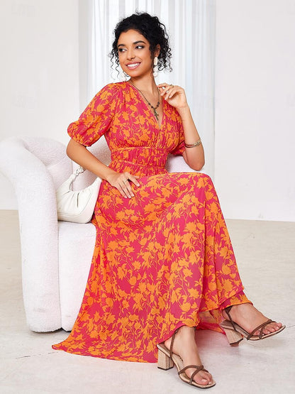 Women's Floral Maxi Dress Pink Chiffon Swing Dress Pleated V Neck Puff Sleeve Boho Vacation Beach Wedding Guest Summer