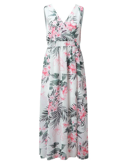Women's Dress - Swing Dress Long Dress Maxi Dress Pink White Sleeveless Floral Split Spring Summer V Neck Weekend 2023 S M L XL XXL