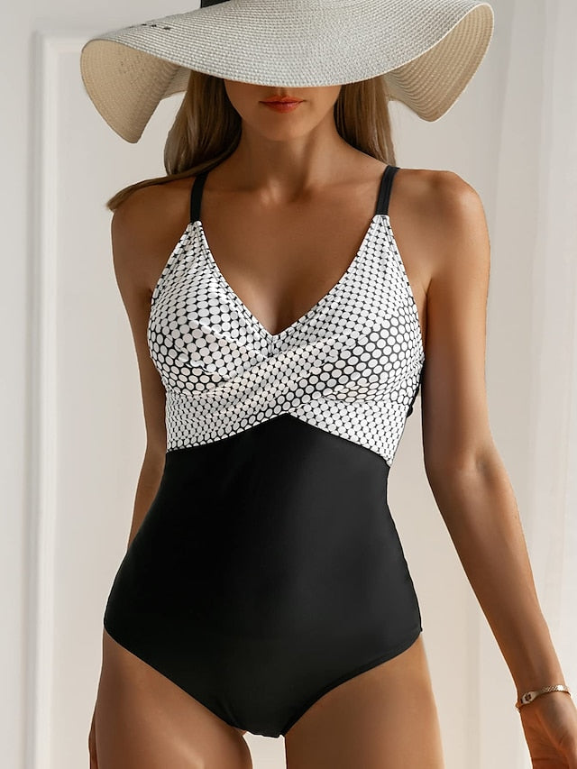 Fashion Polka Dots Swimsuits Women Modest One Piece Swimsuits Padded Push Up Ladies Stripes Backless Swimwear Vintage Bathing Suits Retro Camisole Beach Wear S-XXL - LuckyFash™