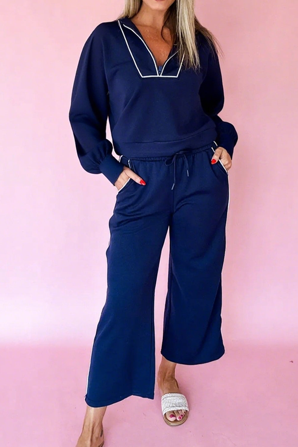 Navy Blue Contrast Piping Zipped Pullover Cropped Pants Set