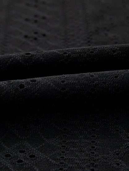 Black Eyelet Jacquard Split Neck Flounce Sleeve Plus Size Blouse